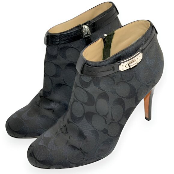Coach Black Jacquard Logo Leather Zip Ankle Boots Booties Shooties Heels 7.5 - Picture 1 of 8